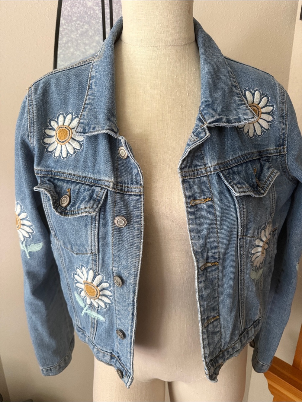 Forever 21 Light Blue Denim Jacket with Daisy Embroidery
